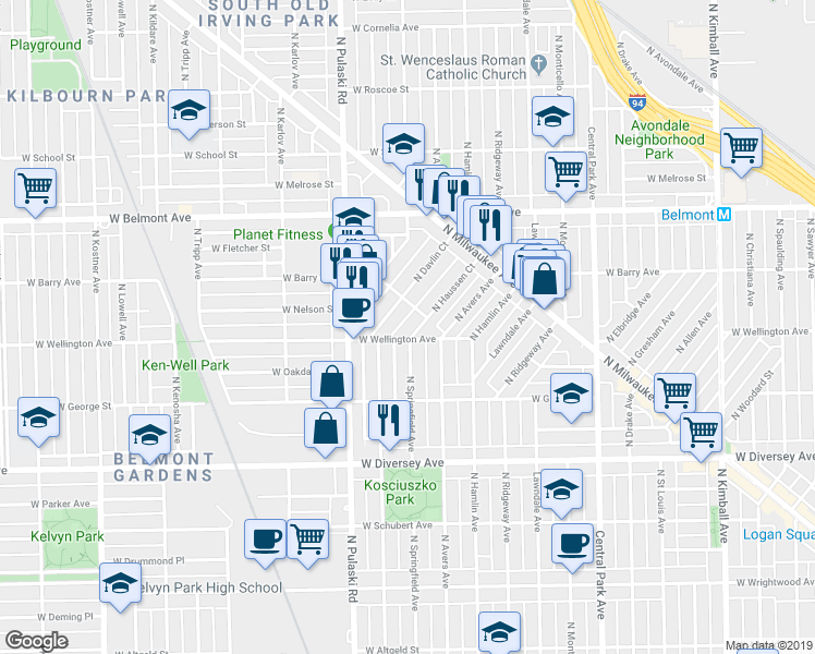 map of restaurants, bars, coffee shops, grocery stores, and more near 3900 West Wellington Avenue in Chicago