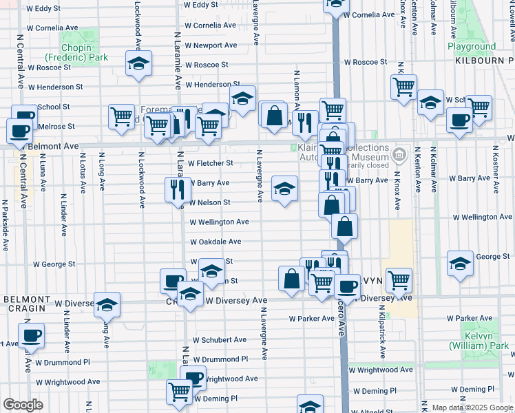 map of restaurants, bars, coffee shops, grocery stores, and more near 4858 West Wellington Avenue in Chicago