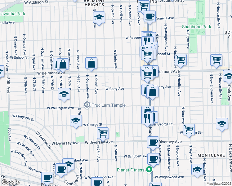 map of restaurants, bars, coffee shops, grocery stores, and more near 3037 North Oketo Avenue in Chicago