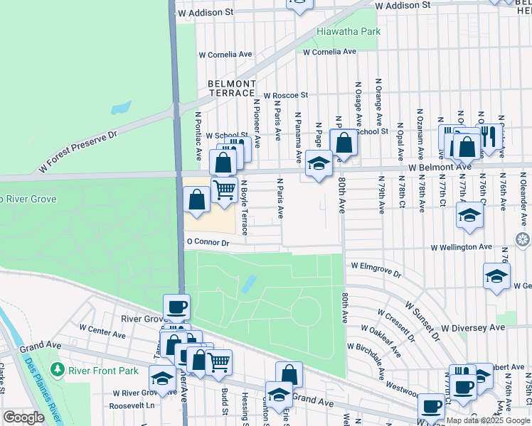 map of restaurants, bars, coffee shops, grocery stores, and more near 8204 West Walsh Lane in River Grove