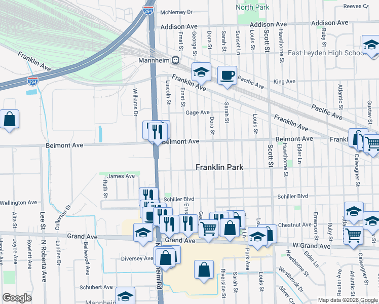 map of restaurants, bars, coffee shops, grocery stores, and more near 3121 Ernst Street in Franklin Park
