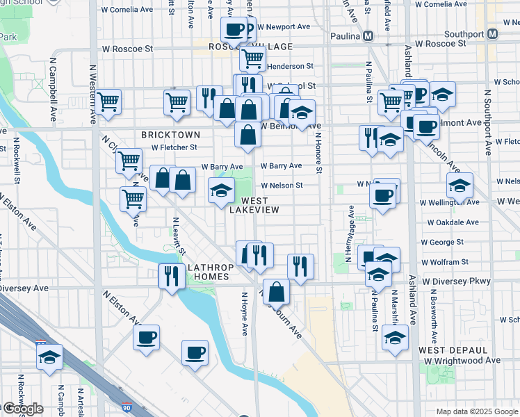 map of restaurants, bars, coffee shops, grocery stores, and more near 2959 North Damen Avenue in Chicago