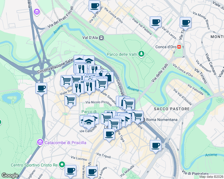 map of restaurants, bars, coffee shops, grocery stores, and more near 126 Viale Arrigo Boito in Roma