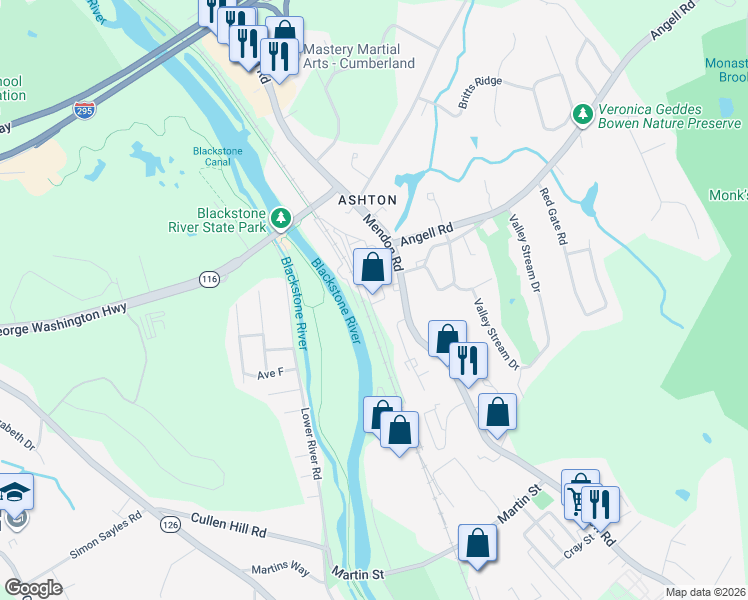 map of restaurants, bars, coffee shops, grocery stores, and more near 38 Front Street in Cumberland