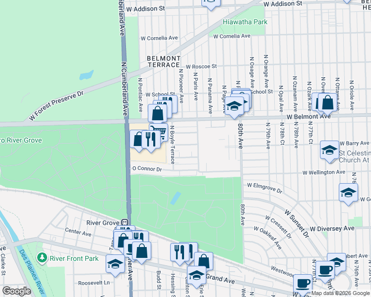 map of restaurants, bars, coffee shops, grocery stores, and more near 8204 West Walsh Lane in River Grove