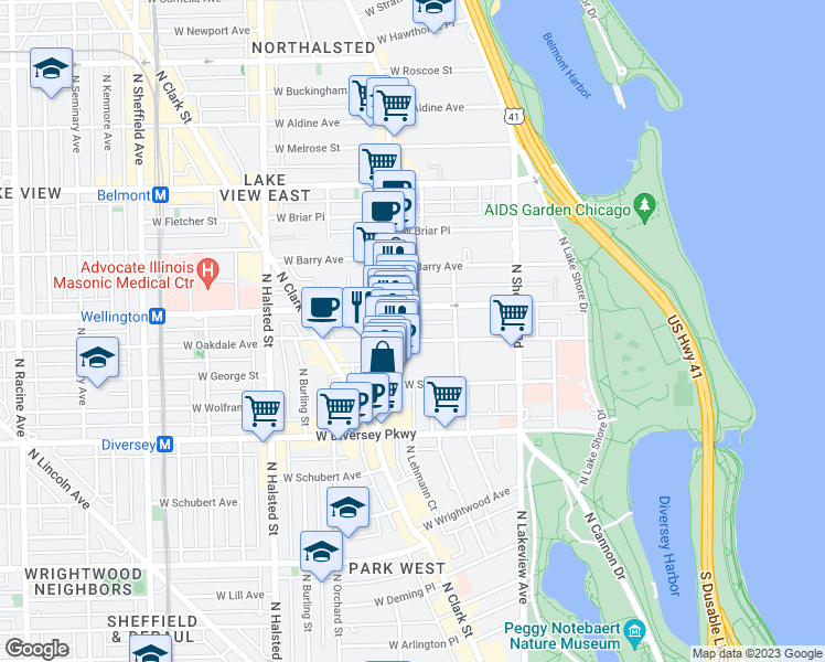 map of restaurants, bars, coffee shops, grocery stores, and more near 2941 North Broadway in Chicago