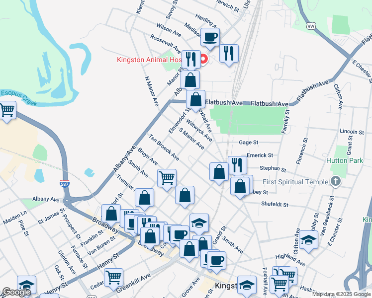 map of restaurants, bars, coffee shops, grocery stores, and more near 180 Downs Street in Kingston
