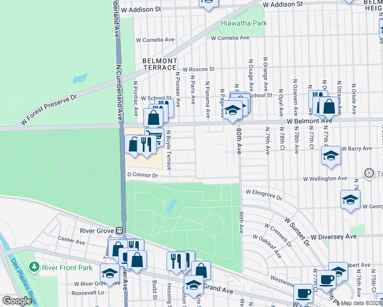 map of restaurants, bars, coffee shops, grocery stores, and more near 3033 Paris Avenue in River Grove