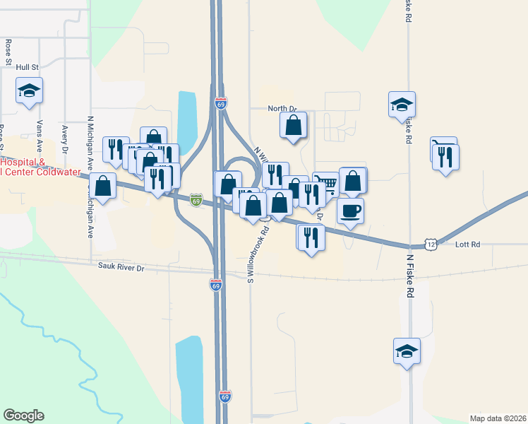 map of restaurants, bars, coffee shops, grocery stores, and more near 771 East Chicago Street in Coldwater