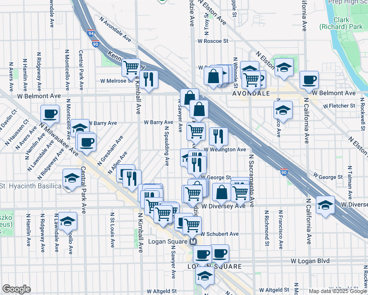 map of restaurants, bars, coffee shops, grocery stores, and more near 2950 North Kedzie Avenue in Chicago