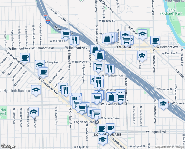 map of restaurants, bars, coffee shops, grocery stores, and more near 3001 North Sawyer Avenue in Chicago