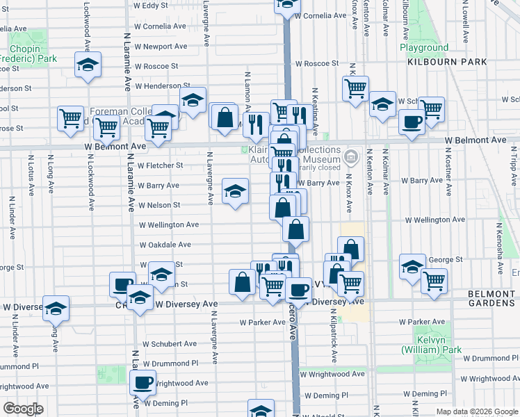 map of restaurants, bars, coffee shops, grocery stores, and more near 4842 West Wellington Avenue in Chicago