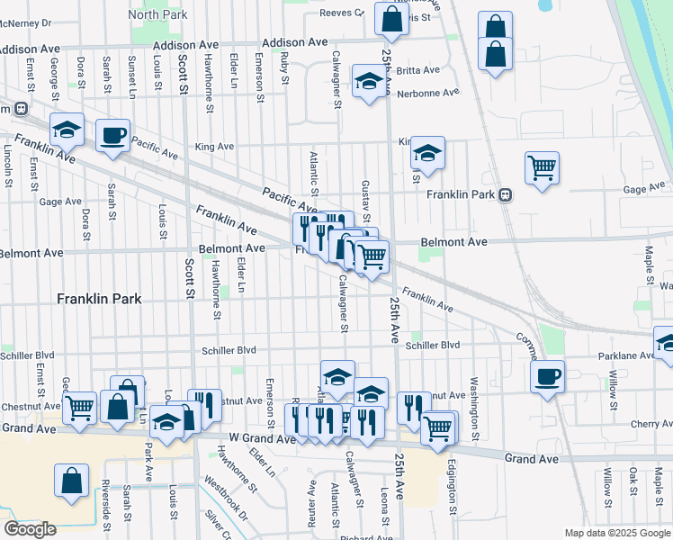 map of restaurants, bars, coffee shops, grocery stores, and more near 3115 Atlantic Street in Franklin Park