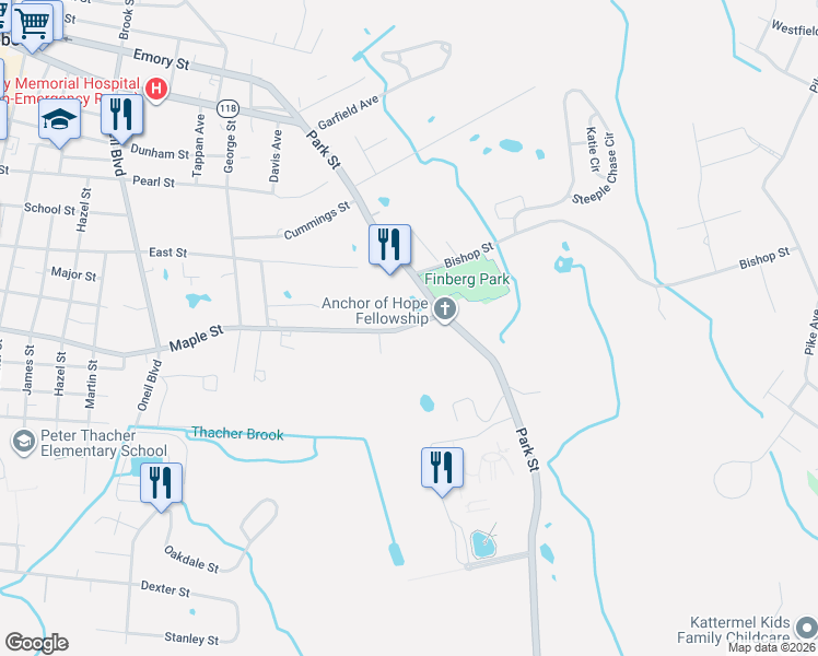 map of restaurants, bars, coffee shops, grocery stores, and more near 223 Maple Street in Attleboro