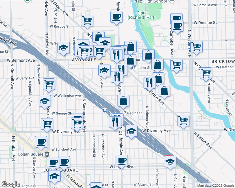 map of restaurants, bars, coffee shops, grocery stores, and more near 2959 North California Avenue in Chicago