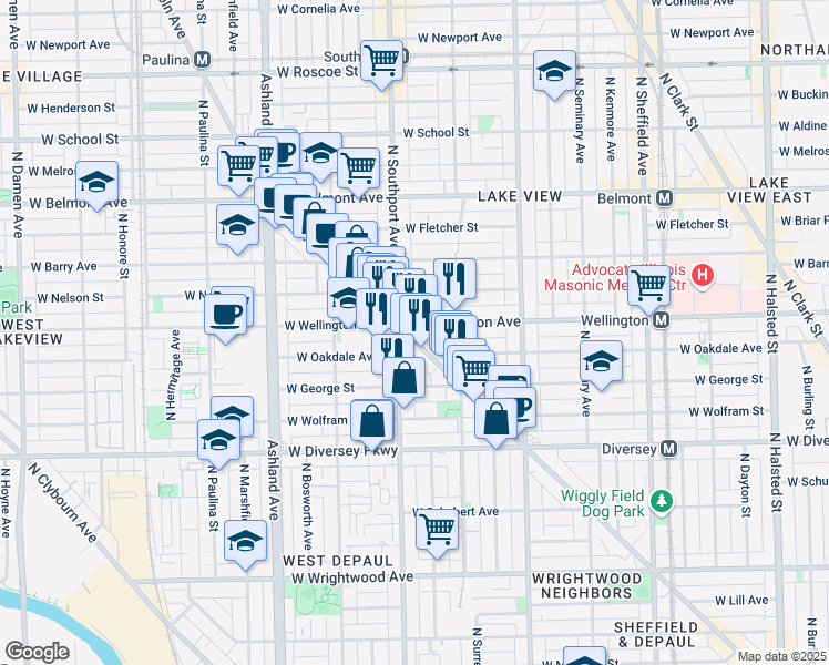 map of restaurants, bars, coffee shops, grocery stores, and more near 2954 North Lincoln Avenue in Chicago