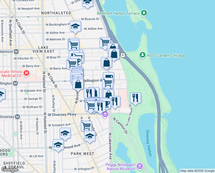 map of restaurants, bars, coffee shops, grocery stores, and more near 2950 North Sheridan Road in Chicago