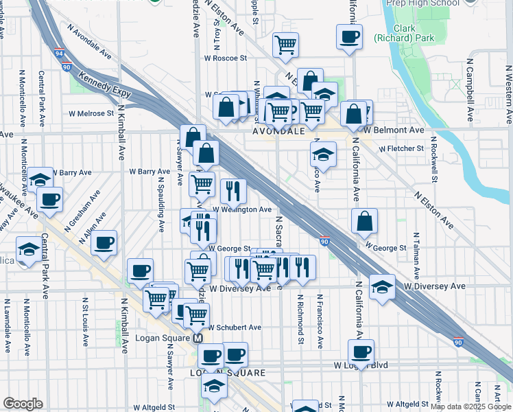 map of restaurants, bars, coffee shops, grocery stores, and more near 3021 West Wellington Avenue in Chicago