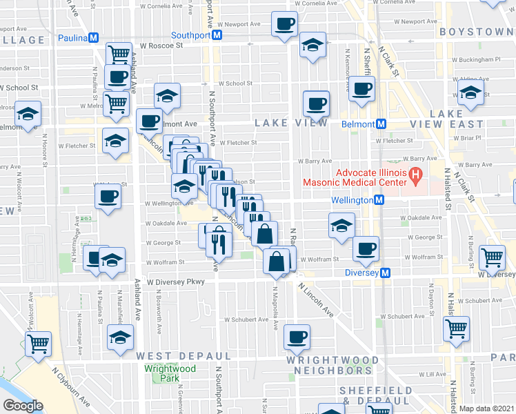 map of restaurants, bars, coffee shops, grocery stores, and more near 1255 West Wellington Avenue in Chicago