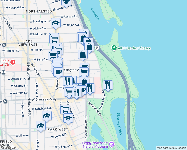 map of restaurants, bars, coffee shops, grocery stores, and more near 315-327 West Oakdale Avenue in Chicago