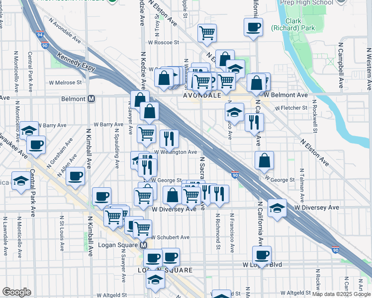 map of restaurants, bars, coffee shops, grocery stores, and more near 3000 North Whipple Street in Chicago