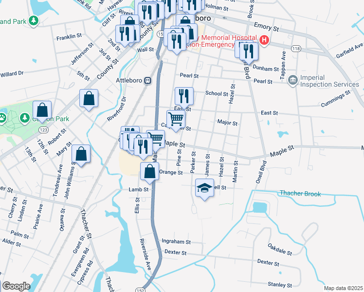 map of restaurants, bars, coffee shops, grocery stores, and more near 209 Pine Street in Attleboro