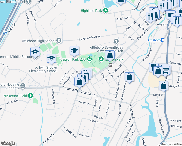 map of restaurants, bars, coffee shops, grocery stores, and more near 249 Massachusetts 123 in Attleboro