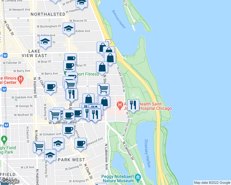 map of restaurants, bars, coffee shops, grocery stores, and more near 2927 North Commonwealth Avenue in Chicago