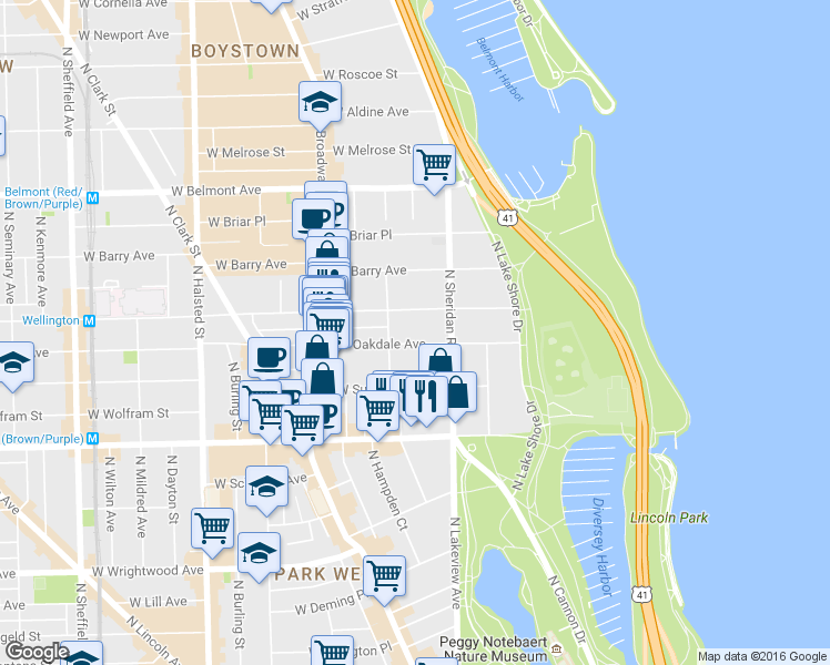 map of restaurants, bars, coffee shops, grocery stores, and more near 431 West Oakdale Avenue in Chicago