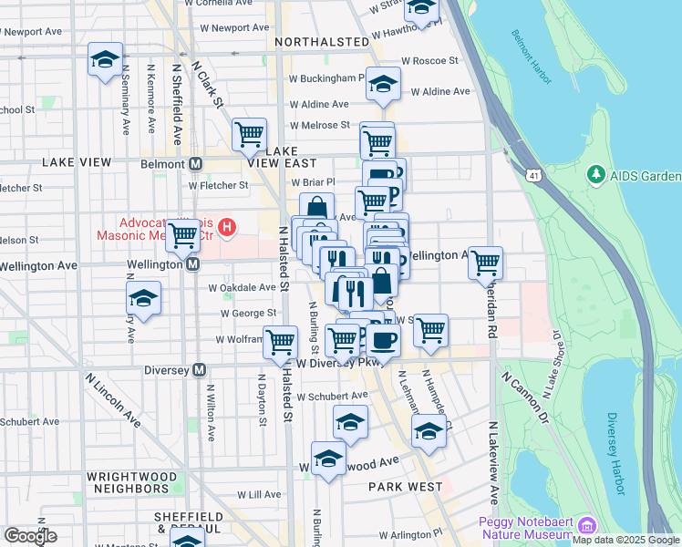 map of restaurants, bars, coffee shops, grocery stores, and more near 655 West Oakdale Avenue in Chicago