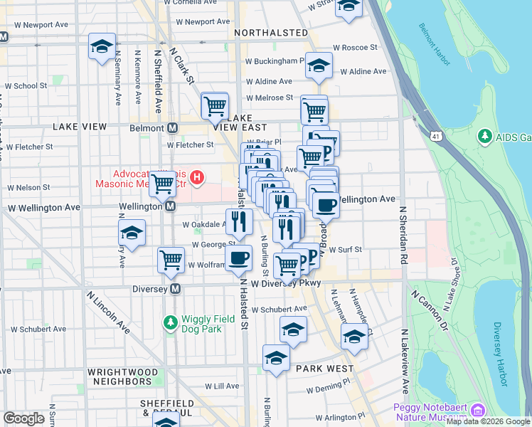 map of restaurants, bars, coffee shops, grocery stores, and more near 719 West Oakdale Avenue in Chicago