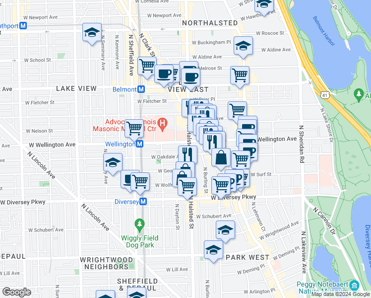 map of restaurants, bars, coffee shops, grocery stores, and more near 813 West Oakdale Avenue in Chicago