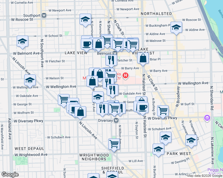 map of restaurants, bars, coffee shops, grocery stores, and more near 2937 North Sheffield Avenue in Chicago