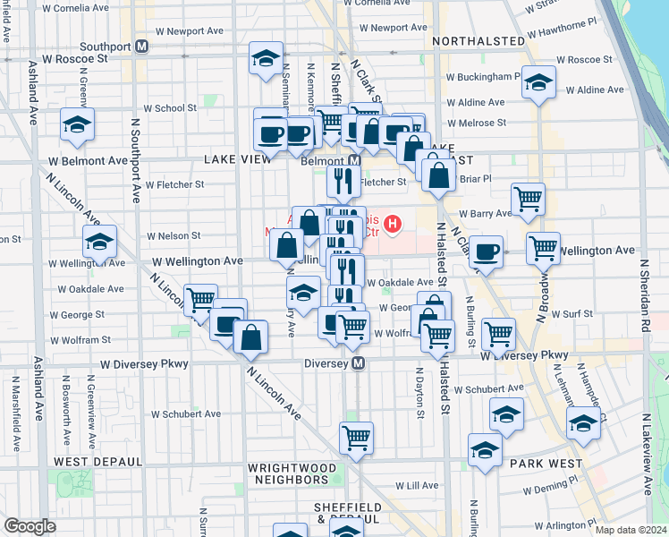 map of restaurants, bars, coffee shops, grocery stores, and more near 2937 North Sheffield Avenue in Chicago