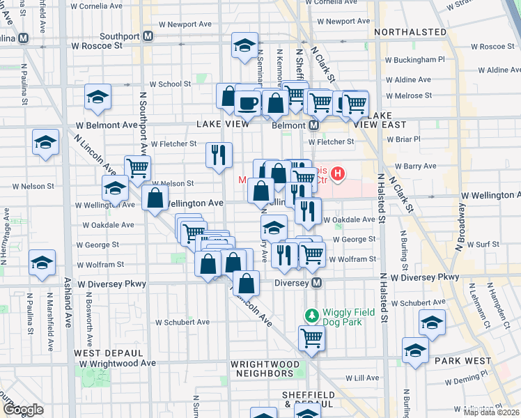 map of restaurants, bars, coffee shops, grocery stores, and more near 1110 West Oakdale Avenue in Chicago