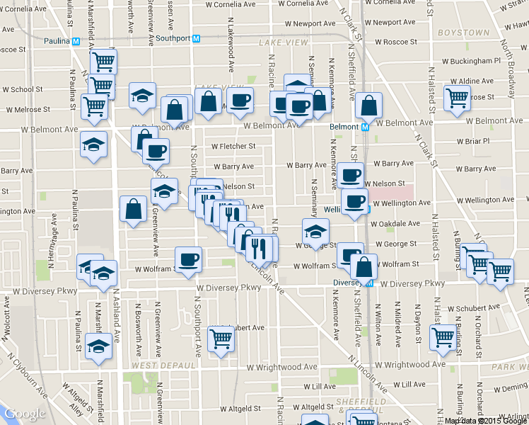 map of restaurants, bars, coffee shops, grocery stores, and more near 1228 West Oakdale Avenue in Chicago