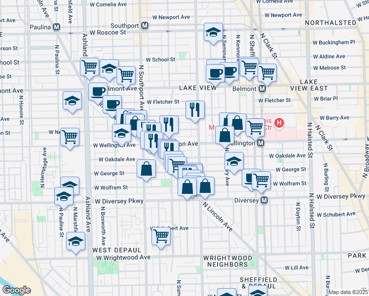map of restaurants, bars, coffee shops, grocery stores, and more near 1228 West Oakdale Avenue in Chicago