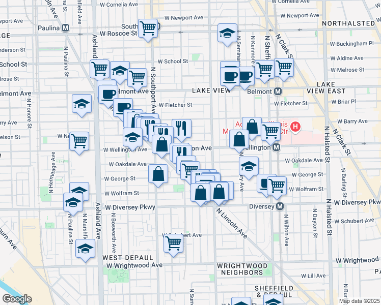 map of restaurants, bars, coffee shops, grocery stores, and more near 1228 West Oakdale Avenue in Chicago