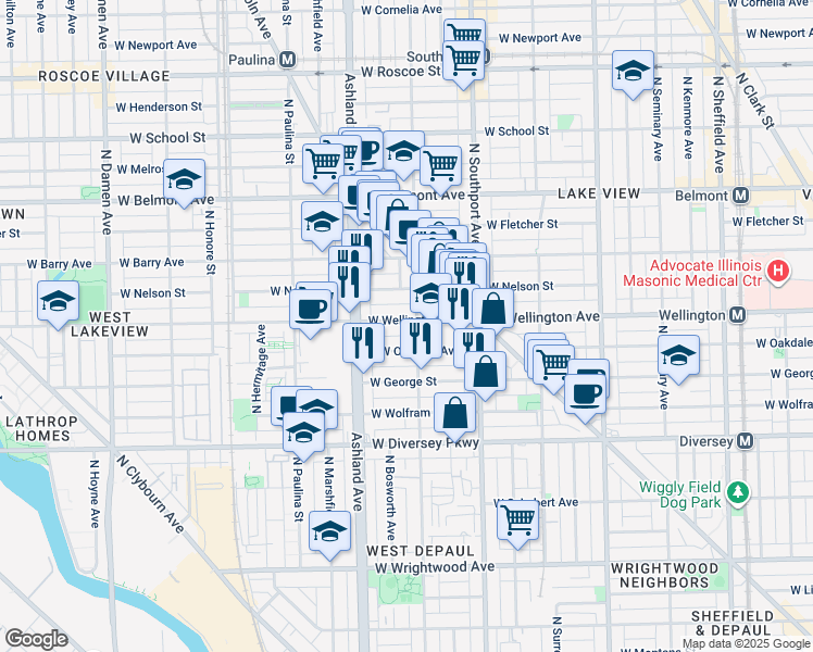map of restaurants, bars, coffee shops, grocery stores, and more near 1500 West Oakdale Avenue in Chicago