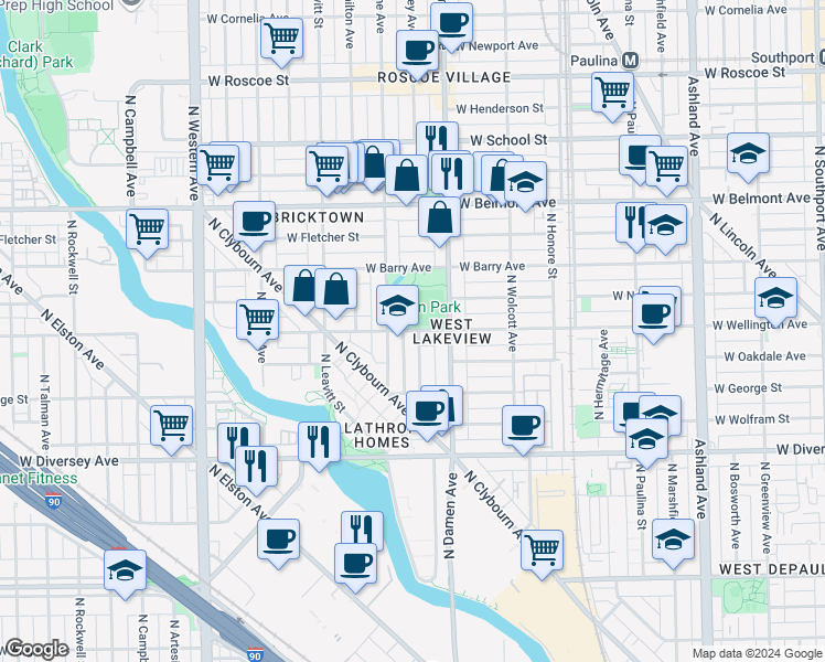 map of restaurants, bars, coffee shops, grocery stores, and more near 2950 North Seeley Avenue in Chicago