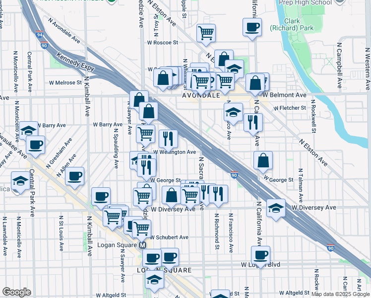 map of restaurants, bars, coffee shops, grocery stores, and more near 3021 West Wellington Avenue in Chicago