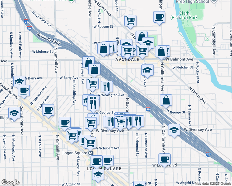 map of restaurants, bars, coffee shops, grocery stores, and more near 3021 West Wellington Avenue in Chicago