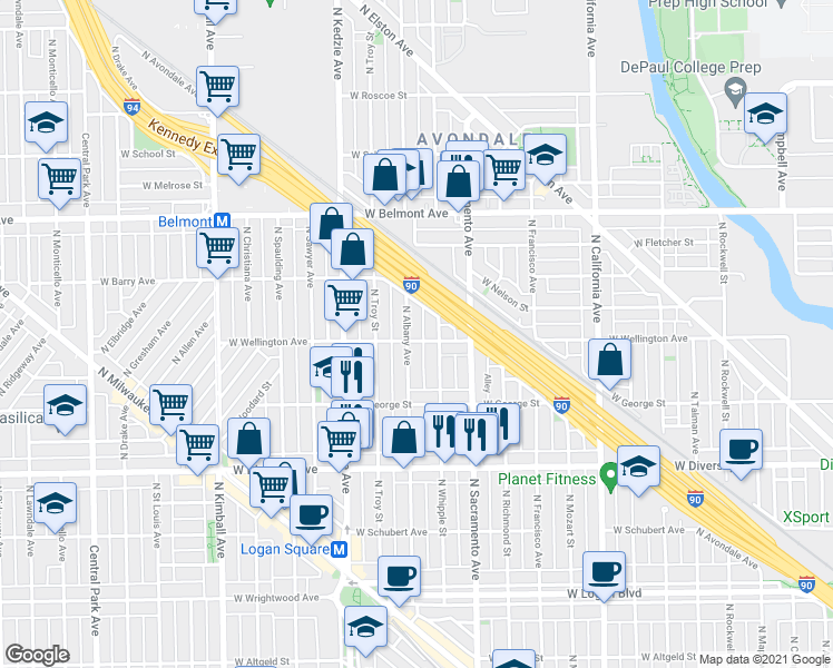 map of restaurants, bars, coffee shops, grocery stores, and more near 2959 North Albany Avenue in Chicago