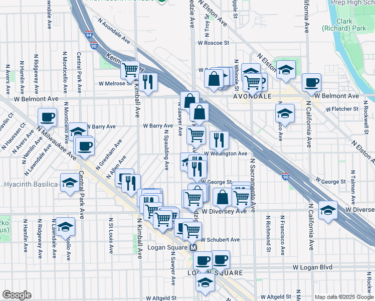 map of restaurants, bars, coffee shops, grocery stores, and more near 2950 North Kedzie Avenue in Chicago