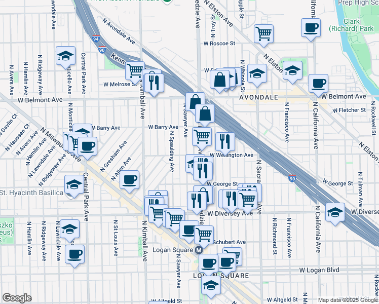 map of restaurants, bars, coffee shops, grocery stores, and more near 2950 North Kedzie Avenue in Chicago