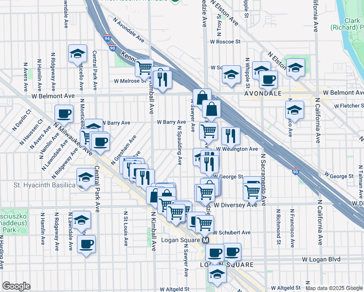 map of restaurants, bars, coffee shops, grocery stores, and more near 2955 North Spaulding Avenue in Chicago
