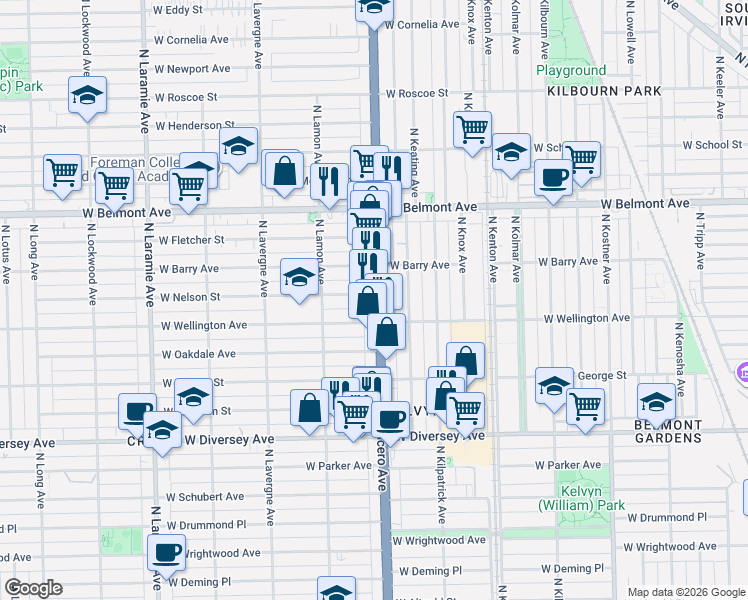 map of restaurants, bars, coffee shops, grocery stores, and more near 3006 North Cicero Avenue in Chicago