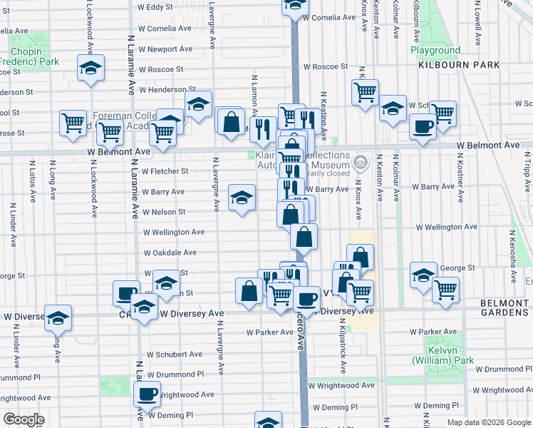 map of restaurants, bars, coffee shops, grocery stores, and more near 4842 West Wellington Avenue in Chicago