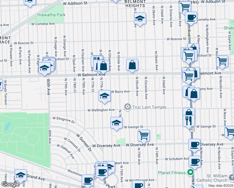 map of restaurants, bars, coffee shops, grocery stores, and more near 3033 North 76th Court in Elmwood Park