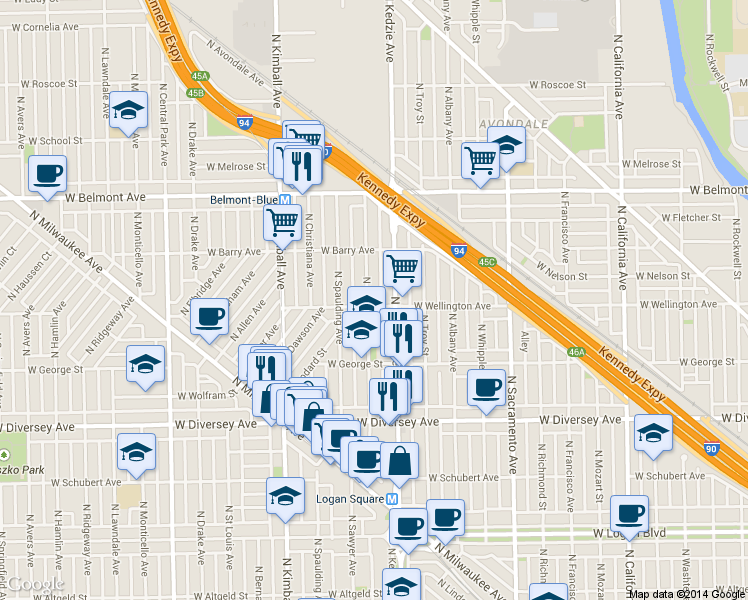 map of restaurants, bars, coffee shops, grocery stores, and more near 3001 North Sawyer Avenue in Chicago